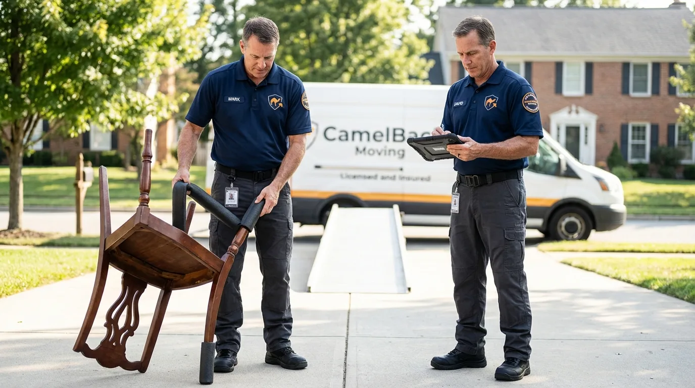 Movers inspecting furniture for damage prevention before loading in Byram, MS