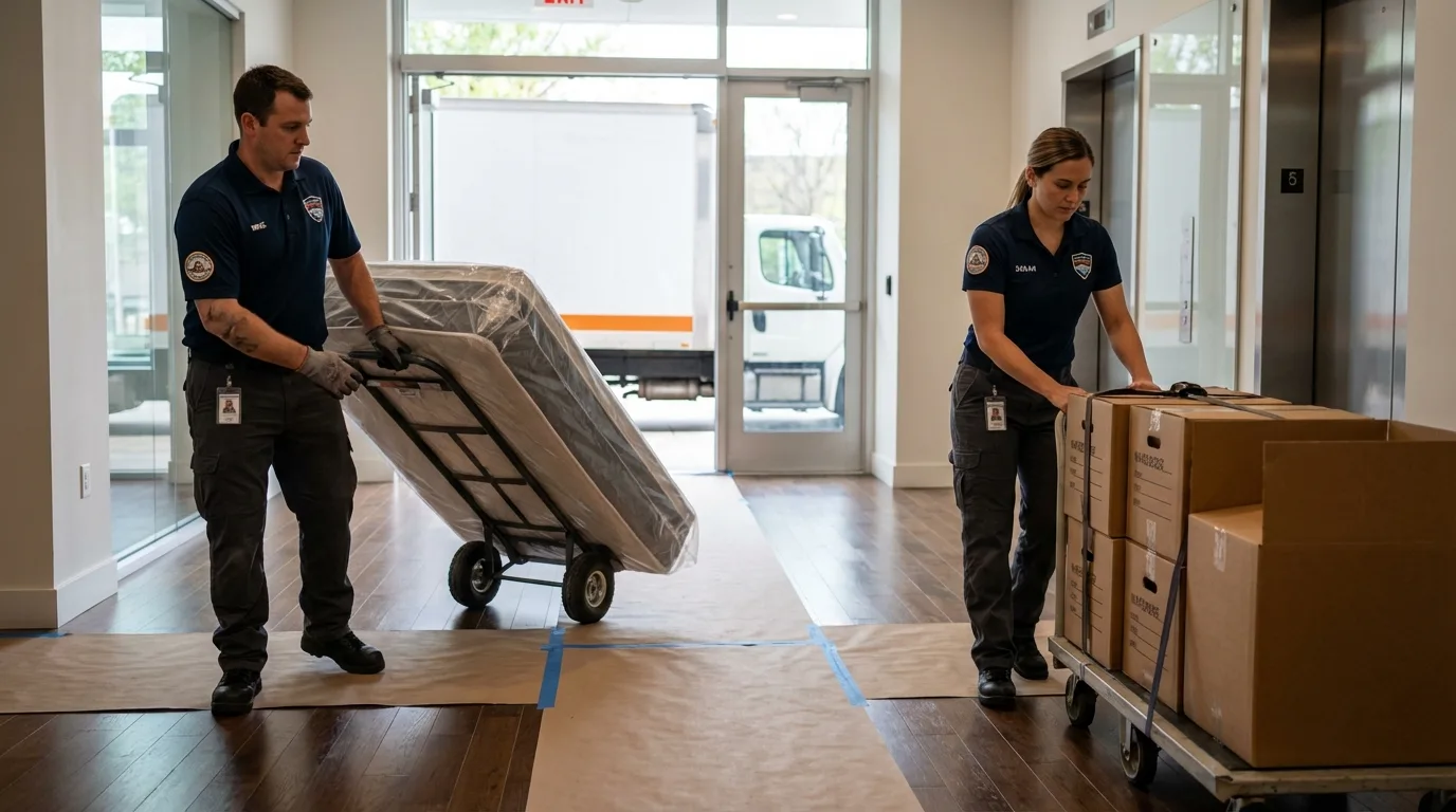 Professional apartment movers loading elevator in Byram, MS